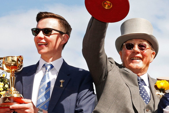 Joseph O’Brien (left), pictured with Lloyd Williams after winning the 2017 Melbourne Cup with Rekindling.