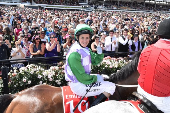 Michelle Payne on Prince of Penzance after winning the Melbourne Cup.
