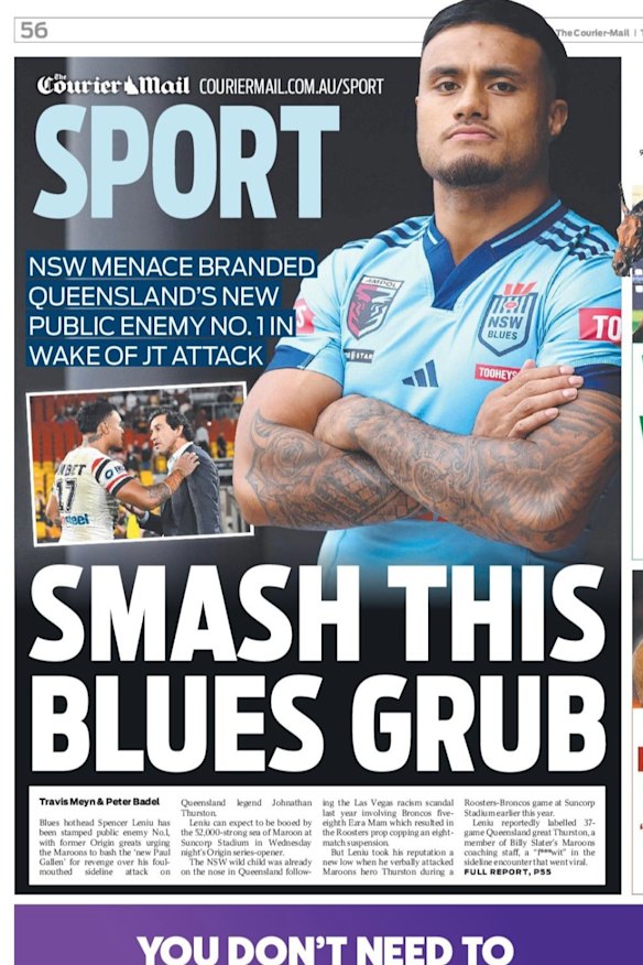 The Courier-Mail’s back page calling Spencer Leniu a ‘grub’.
