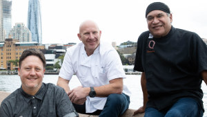 Celebrity trio: Pastry chef Darren Purchese, left, restaurateur and chef Matt Moran, and Aboriginal chef Mark Olive at Circular Quay near Moran’s Aria restaurant. 