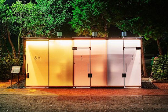 In Shigeru Ban’s bathroom, glass walls turn opaque when the door is locked.