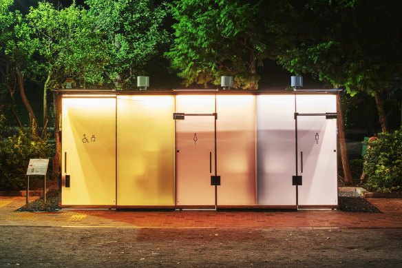 In Shigeru Ban’s bathroom, glass walls turn opaque when the door is locked.