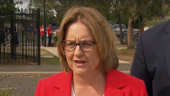 Jacinta Allan campaigning at Manor Lakes Primary School on Saturday