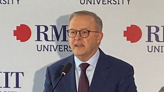 Prime Minister Anthony Albanese speaking at RMIT’s Hanoi campus in Vietnam.
