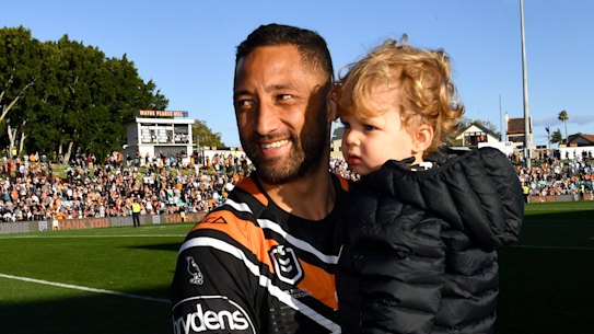 Benji Marshall with son Fox at his beloved Leichhardt Oval last year.