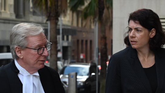 Sue Chrysanthou SC, right, arrives at the Federal Court in Sydney on Monday with her barrister, Noel Hutley SC.