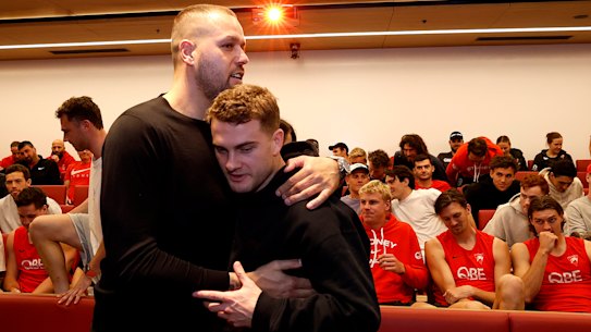 Lance Franklin with teammate Tom Papley.