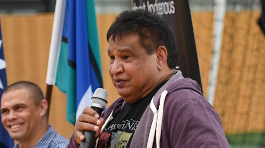 Taking a stand: Michael Long, Nova Maree Peris, Kyle  Vander Kuyp and Phil Krakouer during the “Walk the Talk” presentation” in 2017.