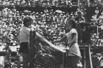 Chris O’Neil (left) shakes hands with Betsy Nagelsen after her win at Kooyong.