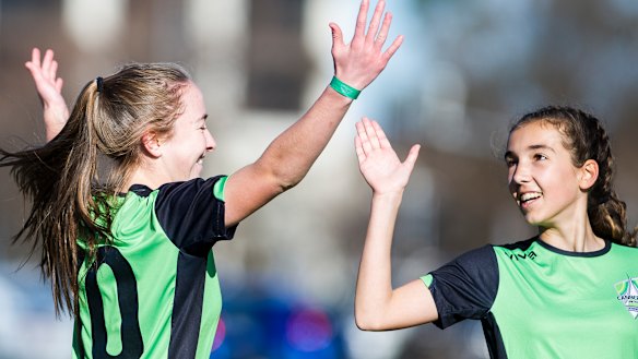 Canberra United Academy's Laura Hughes celebrates after scoring a goal.