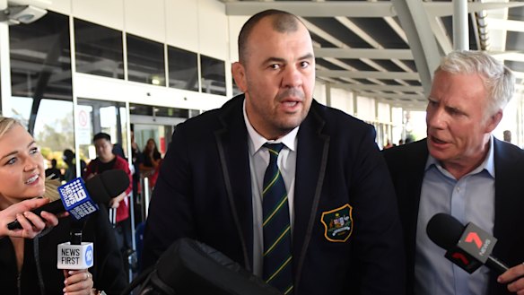 Outgoing Wallabies coach Michael Cheika arrives at Sydney Airport following Australia's quarter-final loss to England. 