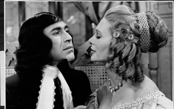  Ron Haddrick as Tartuffe in Moliere's  satire makes advances to Elmire (Jennifer Wright),  in a scene from the play, 1965.
