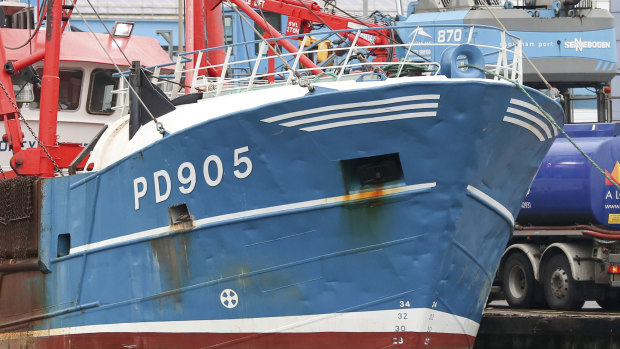 The bow of the Honeybourne 3, a Scottish scallop dredger, in dock at Shoreham, south England, following clashes with French fishermen in the early hours of Tuesday morning off France's northern coast. 