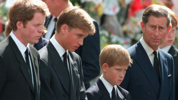 Princess Diana's sons Princes William and Harry with their father Prince Charles and uncle Earl Spencer outside Westminster Abbey on the day of their mother's funeral.