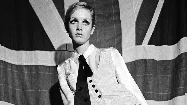 British model Twiggy modelling a Mary Quant waistcoat and shirt ensemble in 1966.

