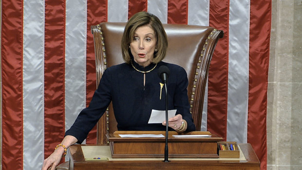 House Speaker Nancy Pelosi announces the passage of the first article of impeachment, abuse of power, against President Donald Trump.