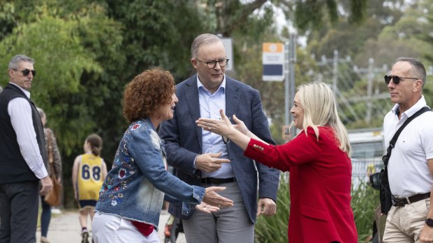 The Prime Minister Anthony Albanese and Labor candidate for Dunkley Jodie Belyea at Derinya Primary School in Frankston South where Jodie voted in the Dunkley by-election. The PM’s fiancee Jodie Haydon accompanied them.