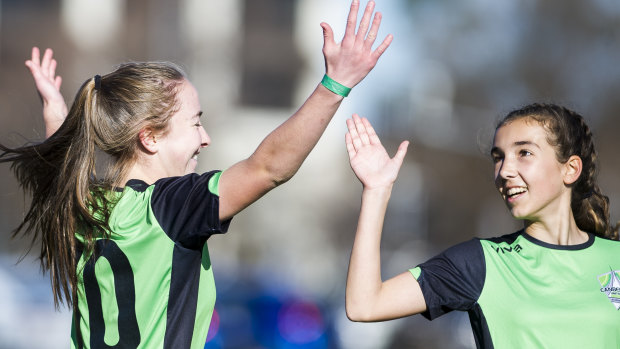 Canberra United Academy's Laura Hughes celebrates after scoring a goal.