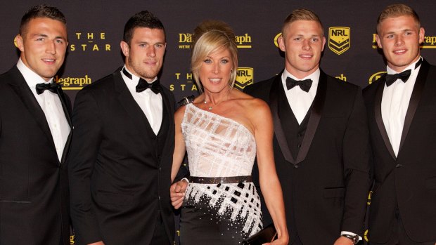 (L-R) Sam, Luke, Julie (their mother), George and Tom Burgess at the Dally M Awards in 2013.