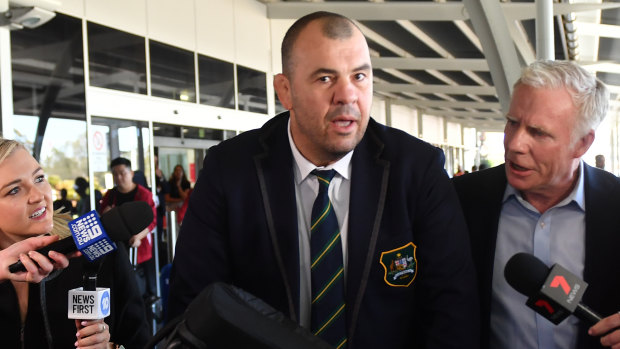 Outgoing Wallabies coach Michael Cheika arrives at Sydney Airport following Australia's quarter-final loss to England. 