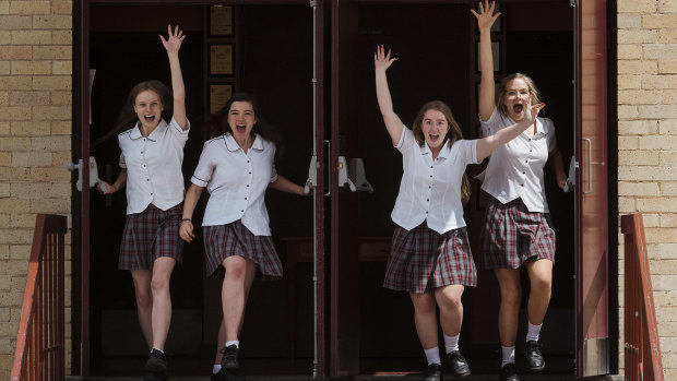 Tiffany Naylor, Stefanie Dellzeit, Irelish Barker and Brittany Hickey are among 4240 year 12 students who sat the drama exam on Friday afternoon, marking the end of this year's HSC.