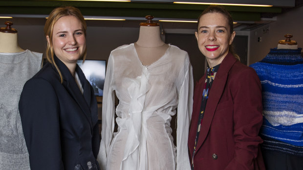  Carla Zampatti Foundation Design Award winner Madison Hislop with Carla's daughter and fashion designer Bianca Spender in front of the winning garments. UTS. 27th May 2019 Photo by Louise Kennerley  SMH