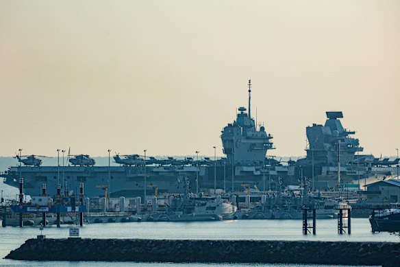 Britain’s HMS Prince of Wales aircraft carrier docked at Darwin on Thursday.