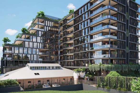 An artist’s impression of the apartment complex proposed for 439 Montague Road at West End, with the heritage-listed tannery building in the foreground.