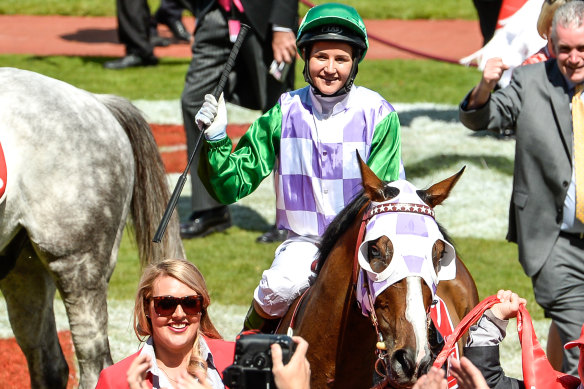 Michelle Payne after winning the 2015 Melbourne Cup on Prince Of Penzance.