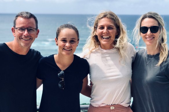 Ben Crowe with Ash Barty, Stephanie Gilmore and their manager Nikki Mathias. 