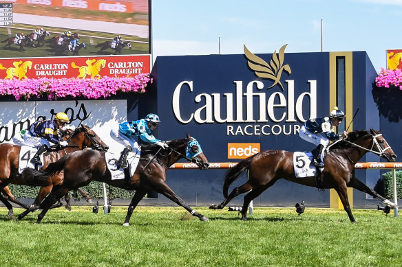 Sierra Sue, with John Allen in the saddle, wins Saturday’s Futurity Stakes at Caulfield.