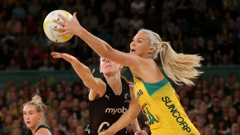 Intensity: Gretel Tippett beats her opponent to the ball in a stellar performance for the Diamonds.