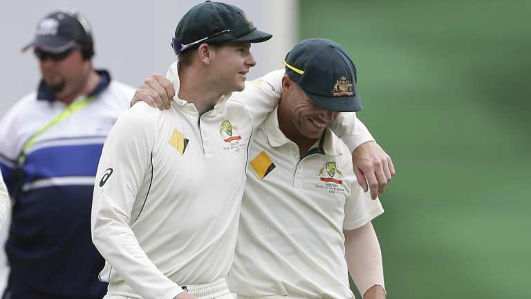 Smoking the peace pipe: Steve Smith and David Warner.