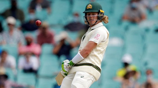 Will Pucovski lets a ball pass on his Test debut against India at the SCG.