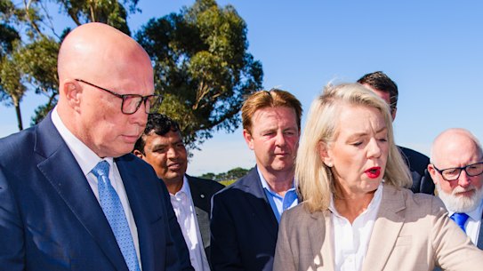 Opposition leader Peter Dutton and Senator Bridget McKenzie at Marnong Estate winery in the Melbourne seat of Calwell, where they vowed to withdraw federal funding from the Suburban Rail Loop.