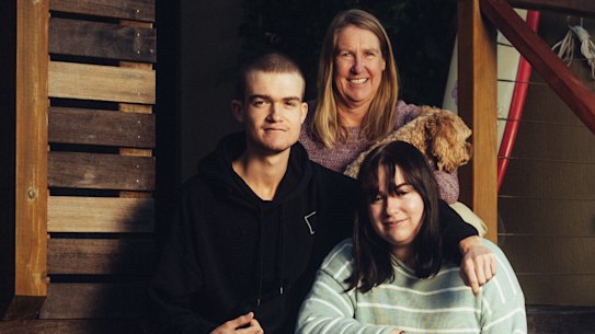 Rose Beaugeard – who pays 15 per cent of her salary to her parents while studying to be a doctor –  with her mum Linda, brother Damien and dog Bailey.