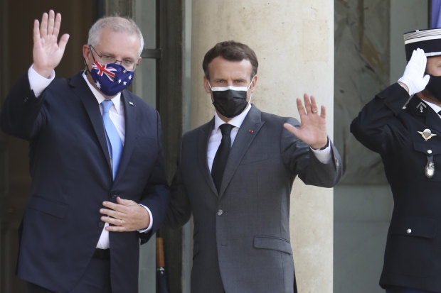 Keeping the French option alive: Prime Minister Scott Morrison with French President Emmanuel Macron before their June 2021 meeting at the Elysee Palace in Paris.