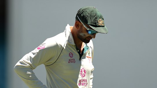 SYDNEY, AUSTRALIA - JANUARY 11: Nathan Lyon of Australia reacts after bowling an over during day five of the 3rd Test match in the series between Australia and India at Sydney Cricket Ground on January 11, 2021 in Sydney, Australia. (Photo by Ryan Pierse/Getty Images)