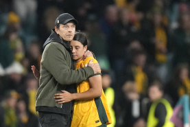 Coach Tony Gustavsson and captain Sam Kerr react to the Matildas’ loss.