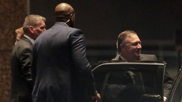 US Secretary of State Mike Pompeo gets into a car after meeting with Kim Yong-chol on Wednesday.