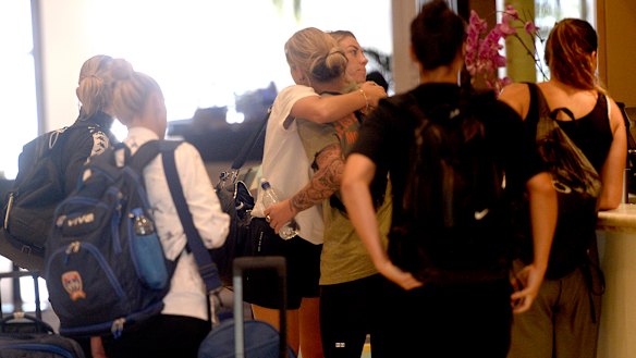 In shock: Matildas players arrive at Crowne Plaza Hotel in Coogee for a team meeting following Alen Stajcic's sacking.