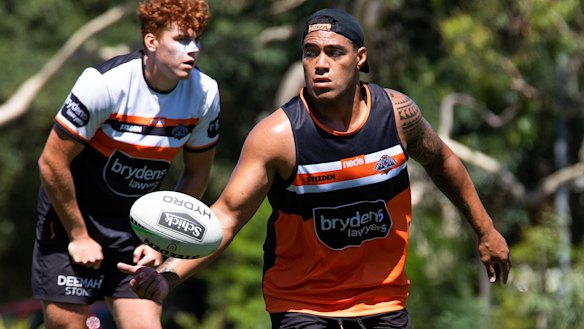 New recruit Joe Ofahengaue at Wests Tigers training on Monday.