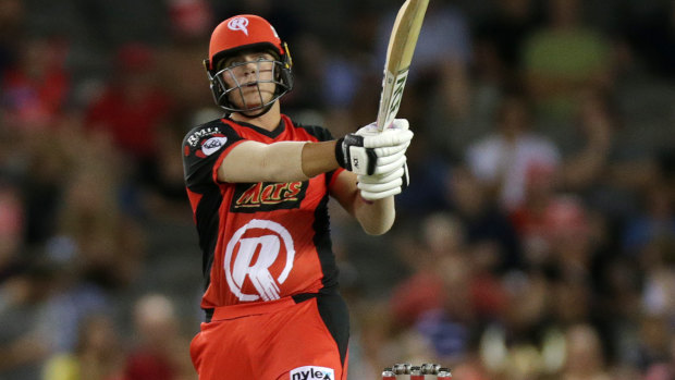 Going the tonk: Cameron Boyce smashes a six for the Renegades against Thunder at Marvel Stadium in Melbourne.