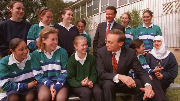 Premier Bob Carr and Education Minister John Aquilina in 1997 with Burwood Girls’ High students at the launch of the state government’s plan to overhaul the HSC. The TER would be replaced by a confidential universities index, changing the way students were to be assessed from 2001. 