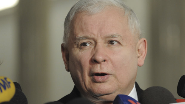 Jaroslaw Kaczynski, leader of the ruling Law and Justice party speaks to journalists in the parliament in Warsaw in January 2017. 