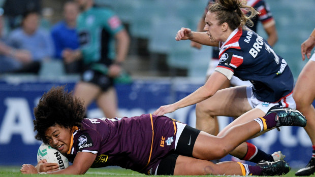 Teuila Fotu-Moala of the Broncos scores a try during their NRL Women's Premiership match against the Sydney Roosters at Allianz Stadium.