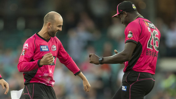 Nathan Lyon and Carlos Brathwaite celebrate in the BBL. Will England's new format prove a winner?