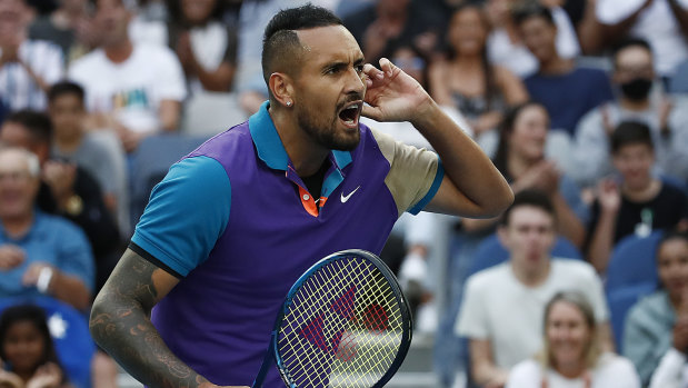 Nick Kyrgios of Australia celebrates after winning a point in his third round match against Dominic Thiem.