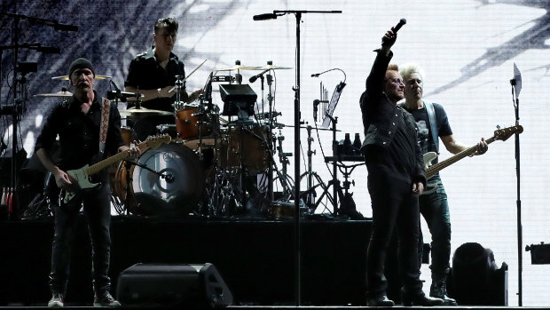 U2 onstage at Optus Stadium in Perth on Wednesday night.