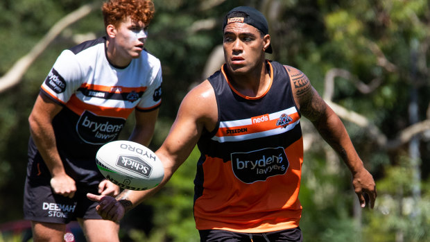 New recruit Joe Ofahengaue at Wests Tigers training on Monday.